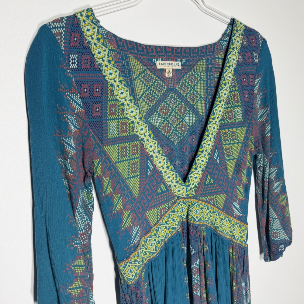 Earthbound Trading Co Womens Geometric Print Maxi Dress Teal Green Size S - Picture 6 of 13